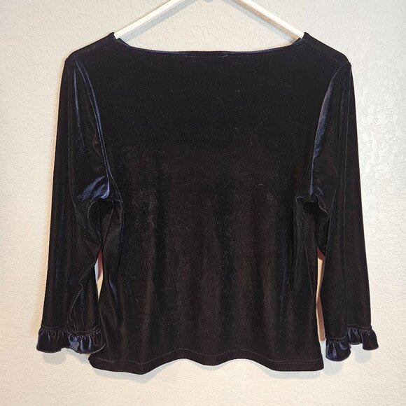 Harold's Woman Size M VTG Blue Velvet Top Side Vents Ruffle Sleeve Luxury Party - Picture 2 of 6